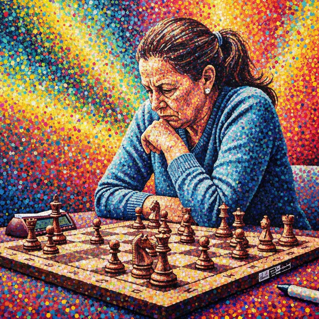 Jugador de ajedrez en estilo puntillismo con explosión de colores