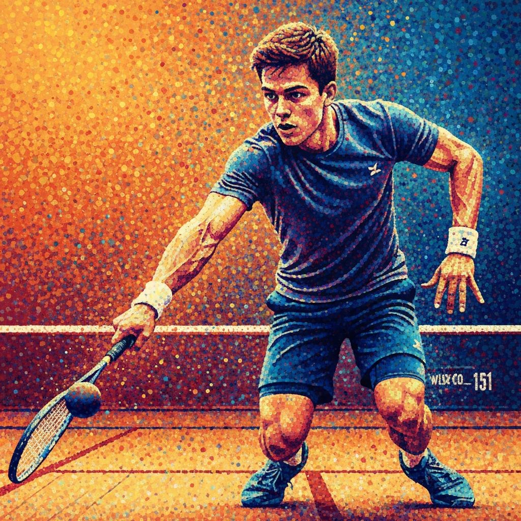Jugador de squash en estilo puntillismo con explosión de colores