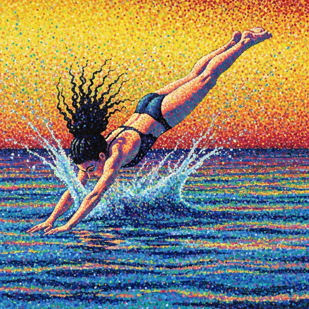 Nadador en estilo puntillismo con explosión de colores